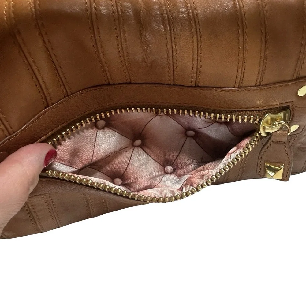 Betsey Johnson Hobo Satchel Bag Purse Softsided Boho Slouchy Studded Light Brown